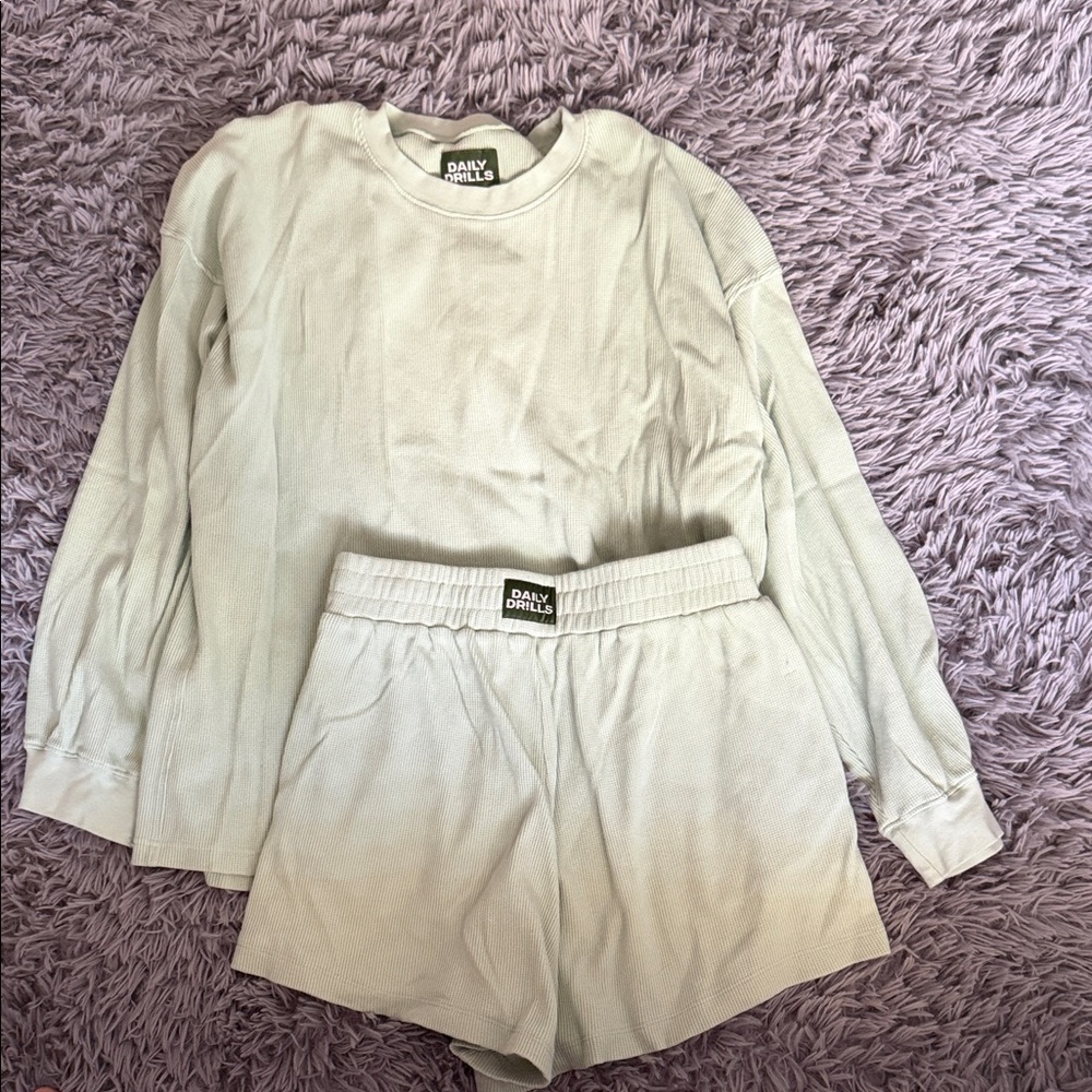 Daily Drills Sage Green Ribbed Lounge Top & Shorts Set
